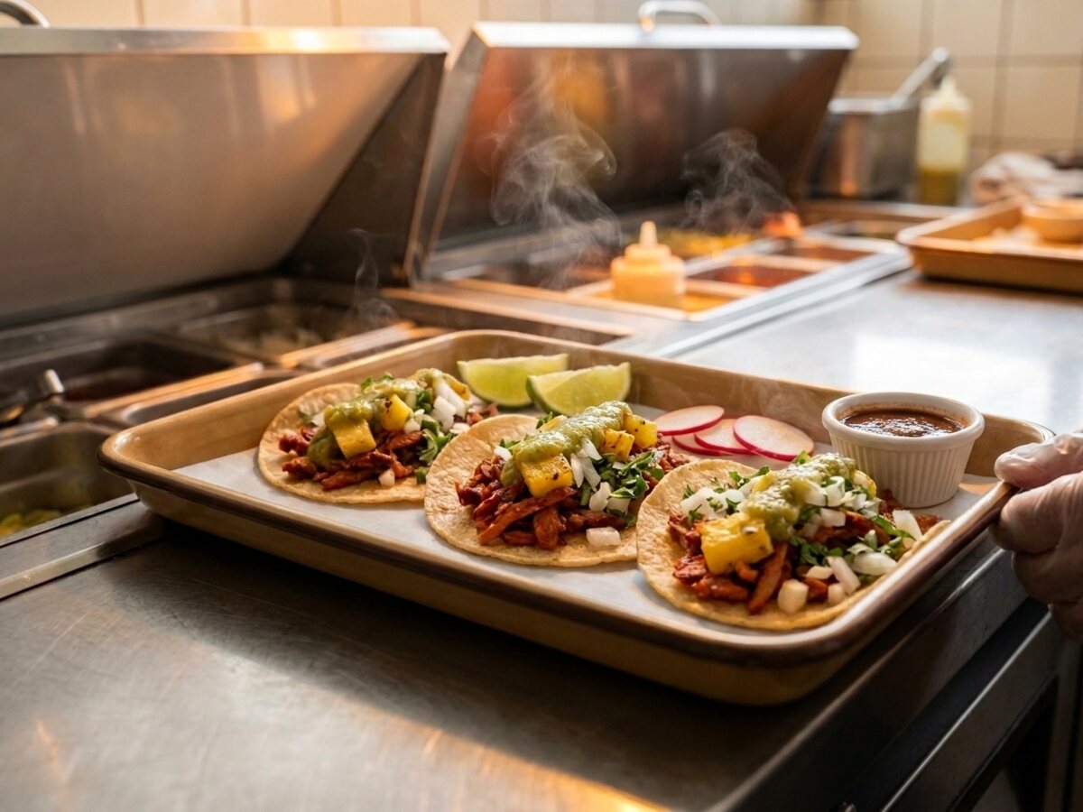 Three al pastor tacos on a lined brass tray with lime, radish and salsa roja