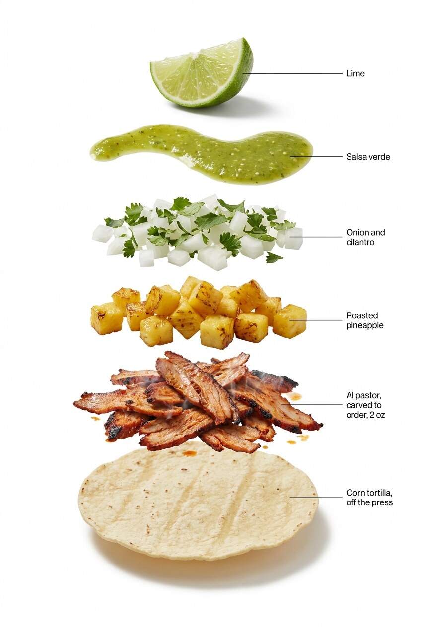 Al pastor taco, every layer labeled